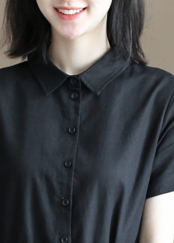 Plus Size Solid Black Kordelzug Bubikragen Knopf Baumwolle Leinen Hemdkleid Kurzarm