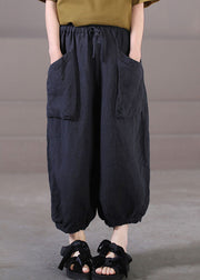 Plus Size Solid Black Elastische Taille Große Taschen Leinen Haremshose Sommer