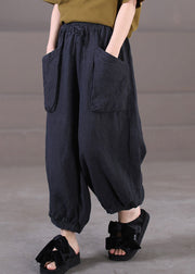 Plus Size Solid Black Elastische Taille Große Taschen Leinen Haremshose Sommer