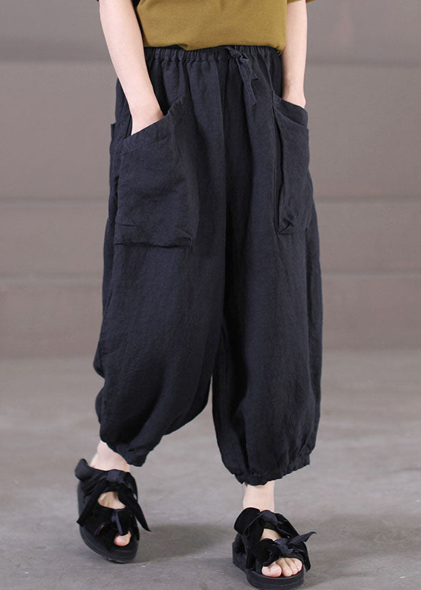 Plus Size Solid Black Elastic Waist Big Pockets Linen Harem Pants Summer