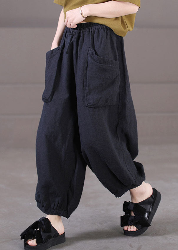 Plus Size Solid Black Elastic Waist Big Pockets Linen Harem Pants Summer