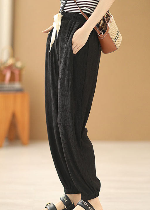 Plus Size Solid Black Elastische Taille Taschen mit Kordelzug Balkenhose Sommer