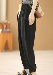 Plus Size Solid Black Elastic Waist Drawstring Pockets Beam Pants Summer