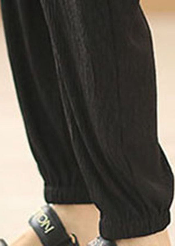 Plus Size Solid Black Elastic Waist Drawstring Pockets Beam Pants Summer