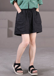 Plus Size Solid Black Elastic Waist Drawstring Pockets Linen Wide Leg Shorts Summer