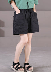 Plus Size Solid Black Elastic Waist Drawstring Pockets Linen Wide Leg Shorts Summer