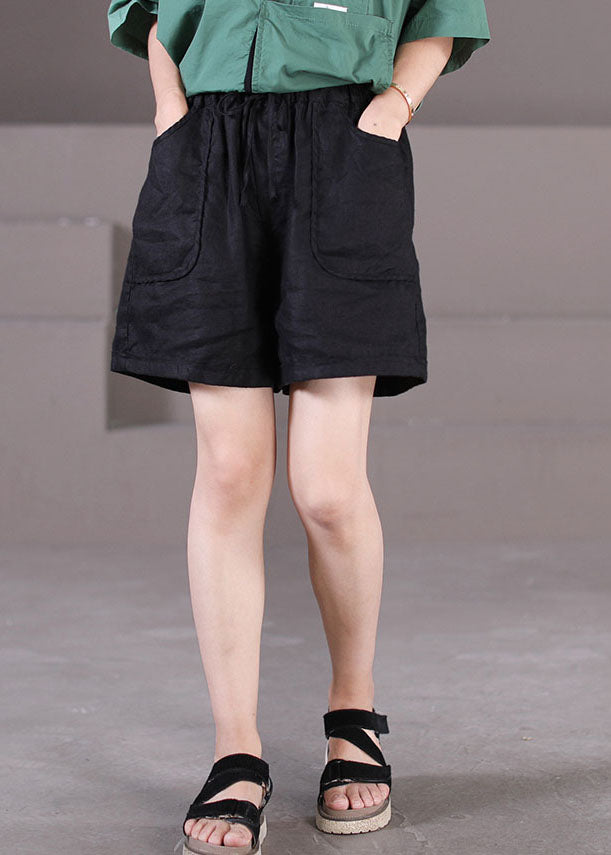 Plus Size Solid Black Elastische Taille Kordelzug Taschen Leinen Shorts mit weitem Bein Sommer