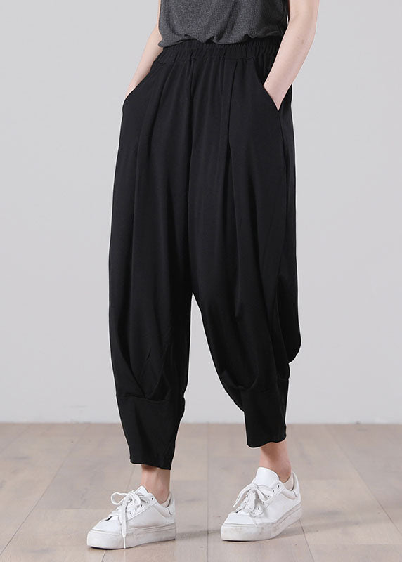Plus Size Solid Black Elastic Waist Wrinkled Pockets Cotton Harem Pants Fall