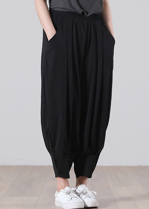 Plus Size Solid Black Elastische Taille Geknitterte Taschen Baumwolle Haremshose Herbst