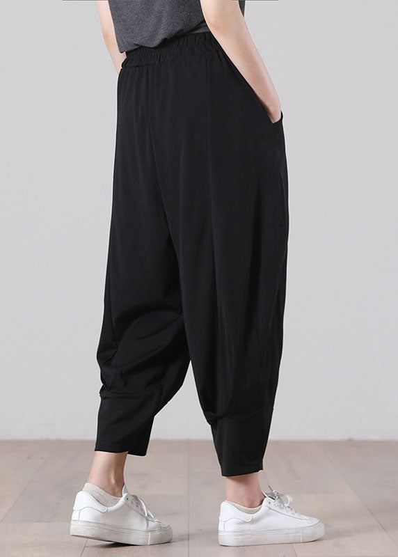 Plus Size Solid Black Elastic Waist Wrinkled Pockets Cotton Harem Pants Fall