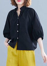Plus Size Solid Black Stand Collar Button Cotton Shirt Half Sleeve