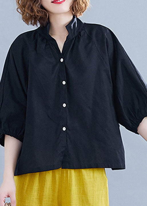 Plus Size Solid Black Stehkragen Button Cotton Shirt Half Sleeve