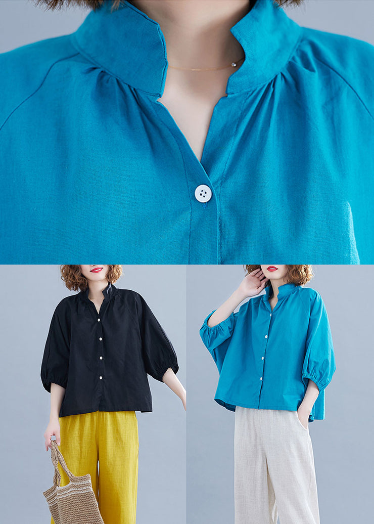 Plus Size Solid Black Stand Collar Button Cotton Shirt Half Sleeve