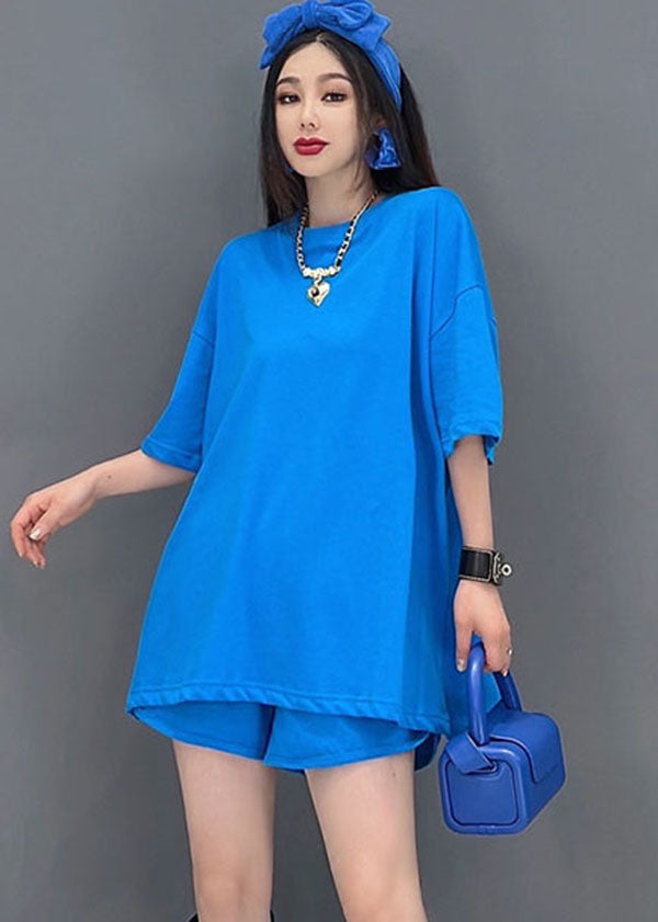 Plus Size Solid Blue O-Neck Backless Cotton Tanks And Shorts Two-Piece Set Summer