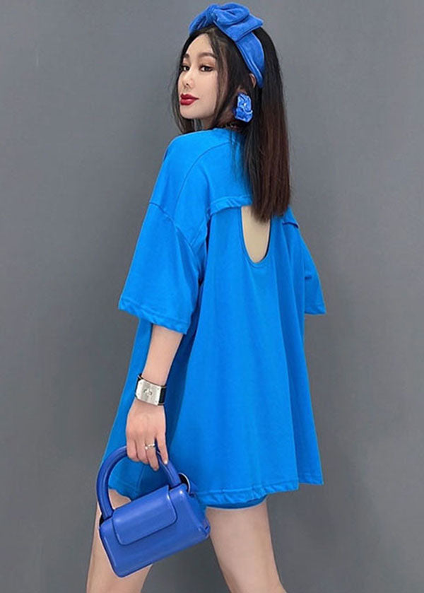 Plus Size Solid Blue O-Neck Backless Cotton Tanks And Shorts Two-Piece Set Summer
