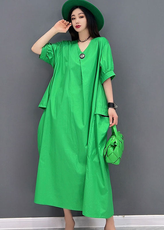 Plus Size Solid Green V Neck Big Pockets Cotton Maxi Dress Short Sleeve