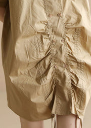 Plus Size Solid Khaki Peter Pan Collar Drawstring Double Breast Cotton Dresses Short Sleeve