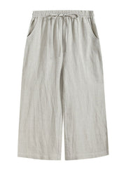Plus Size Solid Linen Colour White Elastic Waist Pockets Linen Wide Leg Pants Summer