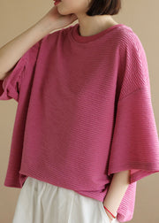 Plus Size Solid Rose O-Neck Knitted Cotton Tanks Short Sleeve