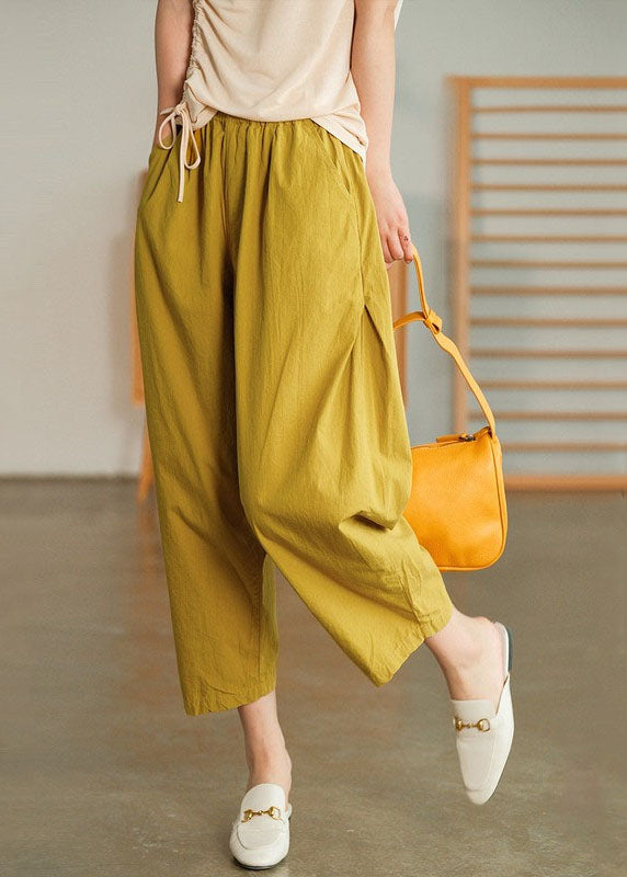 Plus Size Solid Yellow Elastic Waist Wrinkled Pockets Linen Crop Pants Summer