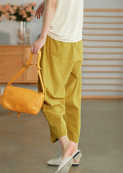 Plus Size Solid Yellow Elastische Taille Faltentaschen Leinen Crop Pants Summer