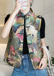 Plus Size Stand Collar Button Print Fall Sleeveless Vest