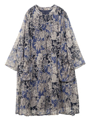 Plus Size Stand Collar Oversized Print Chiffon Holiday Dress Long Sleeve