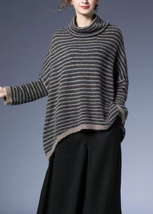 Plus Size Striped Low High Design Cotton Knit Sweaters Batwing Sleeve