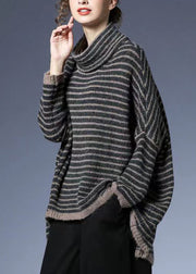 Plus Size Striped Low High Design Cotton Knit Sweaters Batwing Sleeve