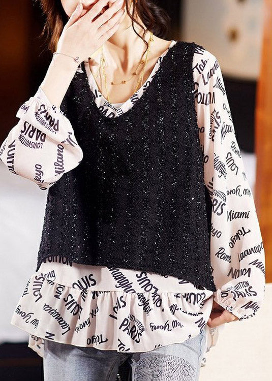 Plus Size V Neck Print Patchwork Take Two Pieces Shirt Long Sleeve