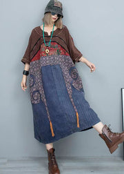 Plus Size Vintage Colorblock O Neck Patch Cotton Dress Spring
