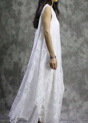 Plus Size White Asymmetrical Floral Silk Vacation Dresses Sleeveless