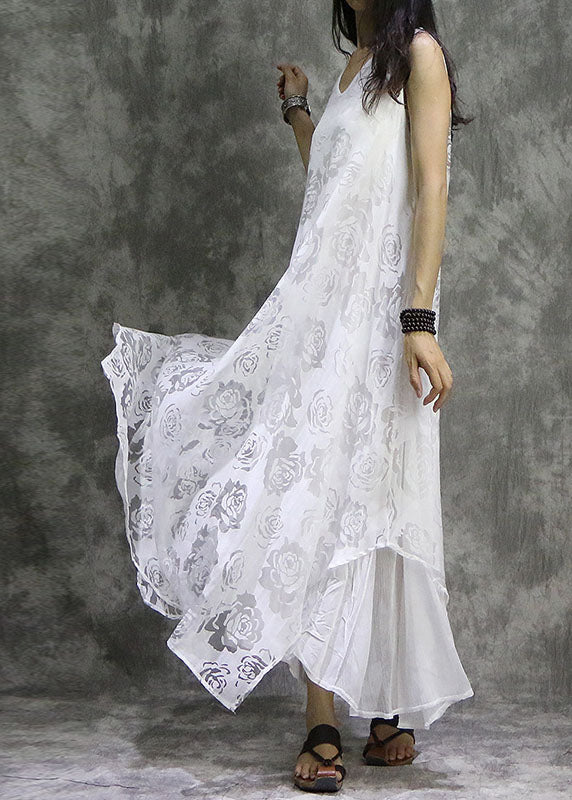 Plus Size White Asymmetrical Floral Silk Vacation Dresses Sleeveless