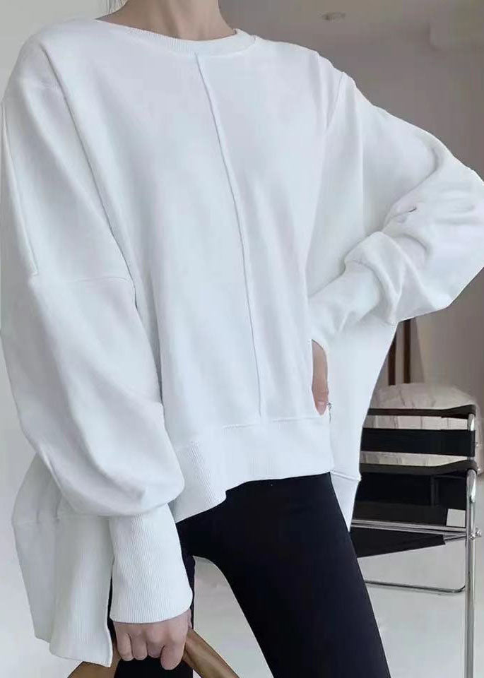 Plus Size White Asymmetrical Patchwork Cotton Pullover Streetwear Spring
