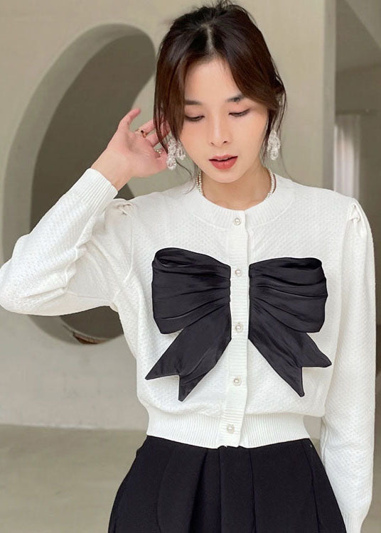 Plus Size White Button Bow Knit Shirt Tops Spring