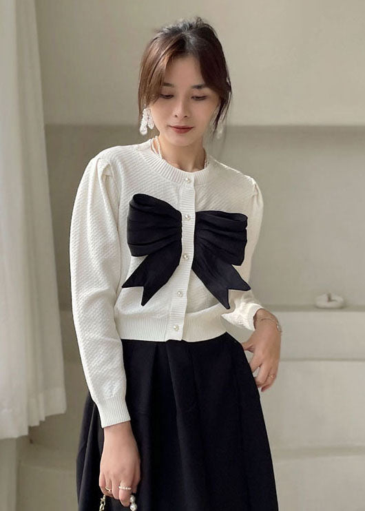 Plus Size White Button Bow Knit Shirt Tops Frühling