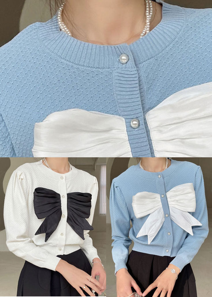 Plus Size White Button Bow Knit Shirt Tops Spring