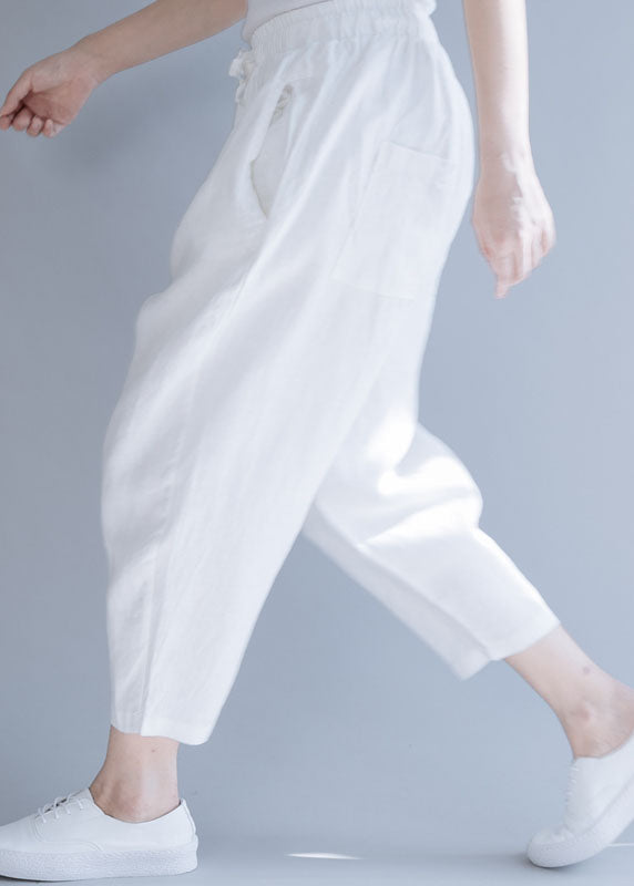 Plus Size White Cinched Casual Linen Pants Trousers Spring
