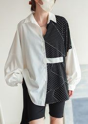 Plus Size White Dot Asymmetrical Button Chiffon Shirt Batwing Sleeve