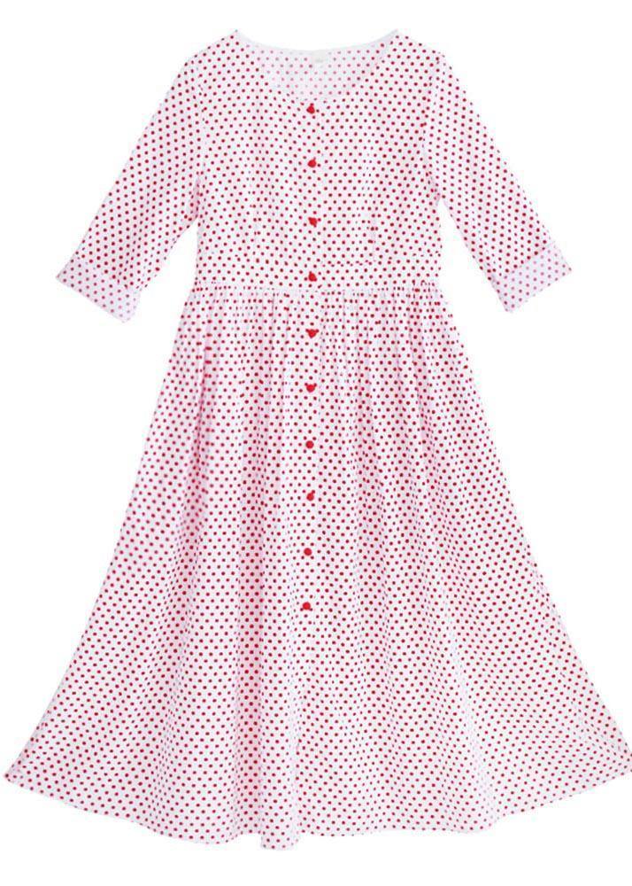 Plus Size White Dot Cinched Button Long Summer Cotton Dress - SooLinen