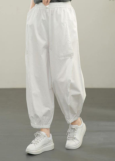 Plus Size White Elastic Waist Cargo Cotton Pants Summer - SooLinen
