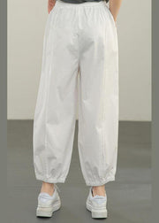 Plus Size White Elastic Waist Cargo Cotton Pants Summer - SooLinen