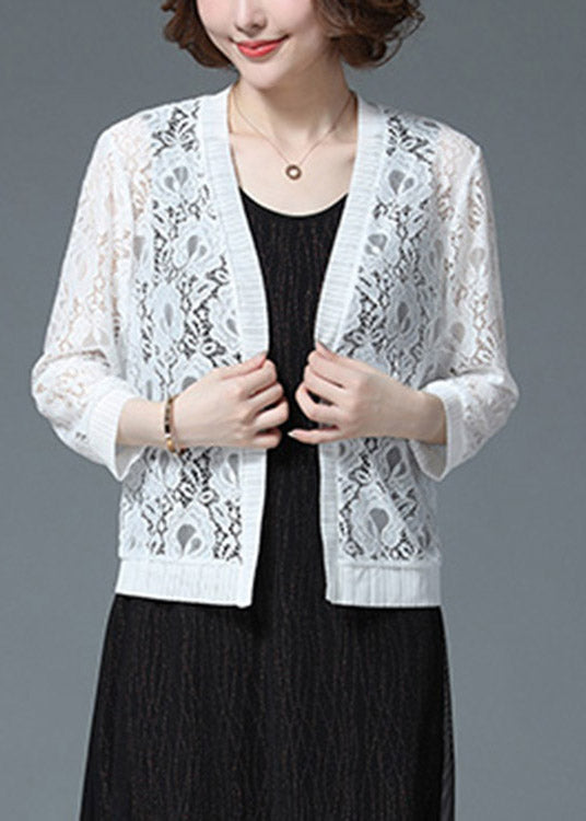 Plus Size White Hollow Out Lace UPF 50+ Cardigan Long Sleeve