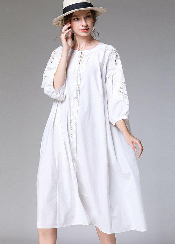 Plus Size White Loose O-Neck A Line Spring Maxi Dress Three Quarter Sleeve - SooLinen