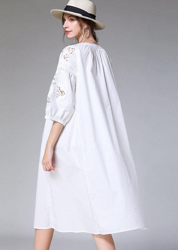 Plus Size White Loose O-Neck A Line Spring Maxi Dress Three Quarter Sleeve - SooLinen