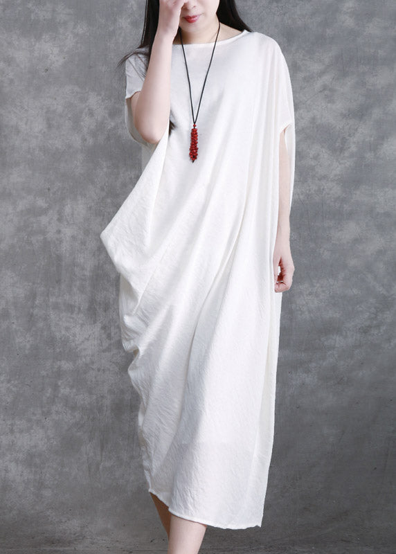 Plus Size White O-Neck Asymmetrical Wrinkled Linen Dress Short Sleeve