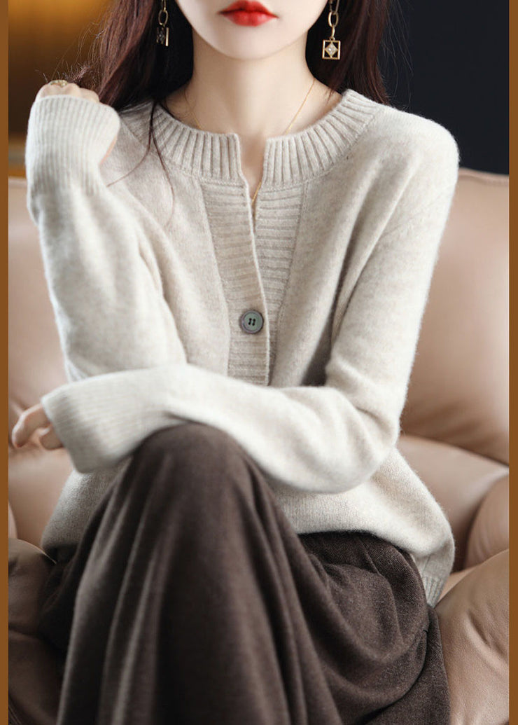 Plus Size White O-Neck Button Woolen Knit Coat Outwear Winter