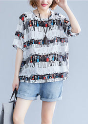 Plus Size White O-Neck Character Print Cotton Tops Summer