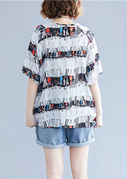 Plus Size White O-Neck Character Print Cotton Tops Summer