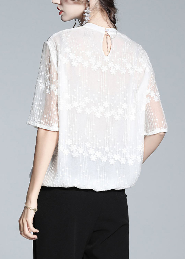 Plus Size White O-Neck Embroidered Ruffled Silk Shirts Short Sleeve